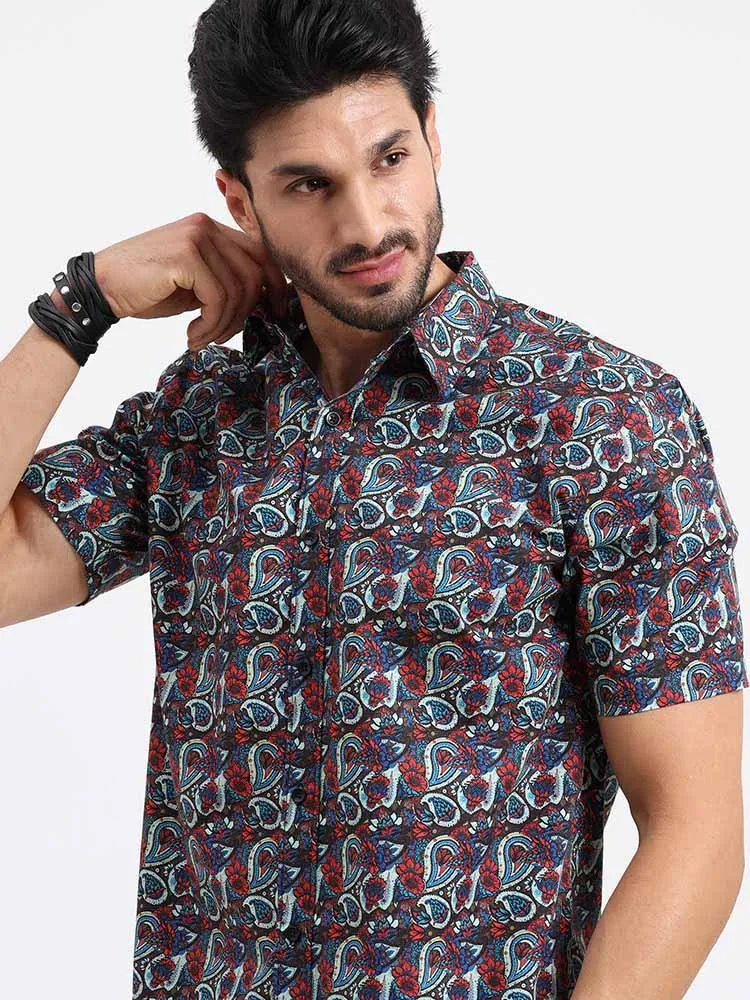 Brown Paisley Printed Cotton Half Sleeve Shirt