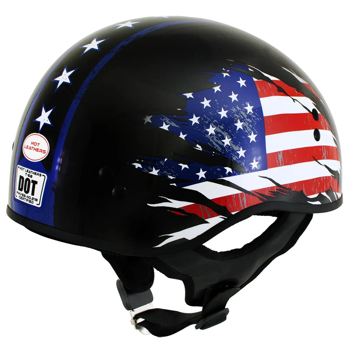 Hot Leathers American Flag Black Glossy Motorcycle Skull Cap Half Helmet for Men and Women DOT Approved HLT68