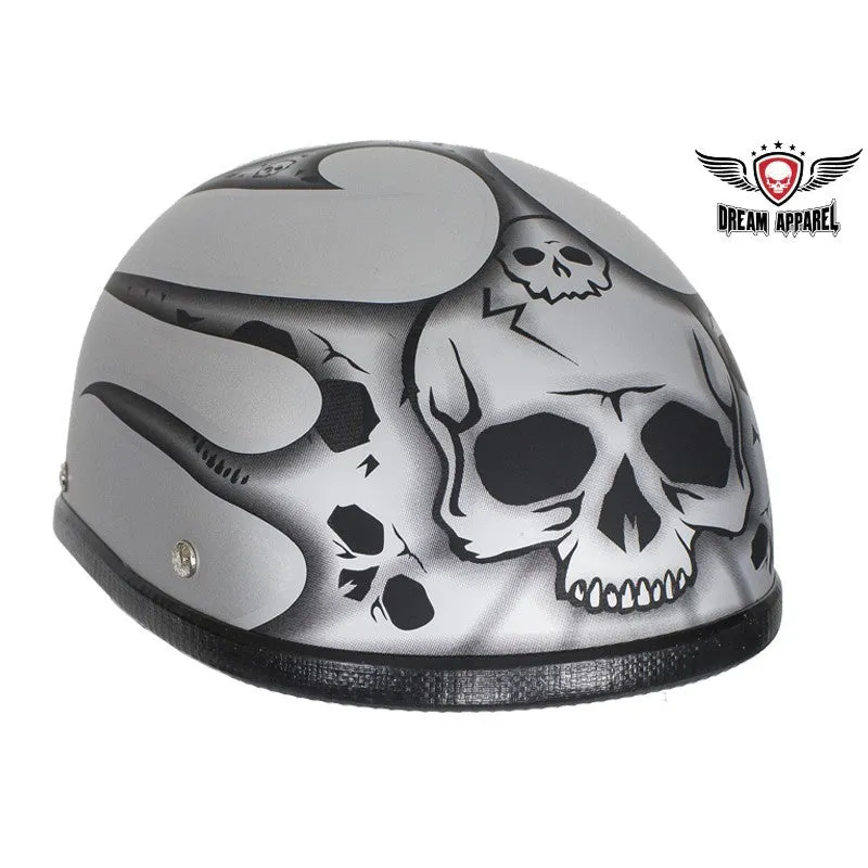 Matte Silver Motorcycle Novelty Helmet With Burning Skull