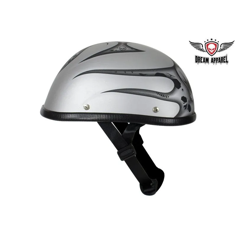 Matte Silver Motorcycle Novelty Helmet With Burning Skull