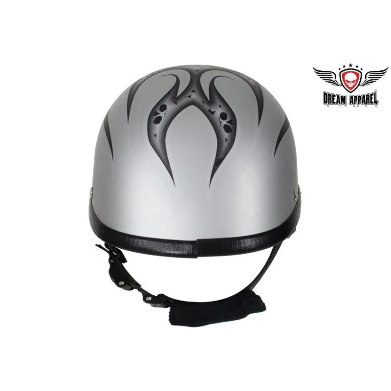 Matte Silver Motorcycle Novelty Helmet With Burning Skull