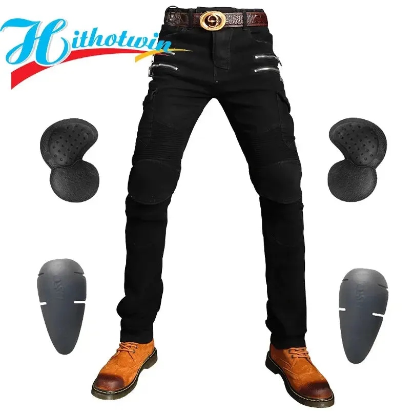 Men's Khaki Motorcycle Pants, Black Men Motor Jeans Zipper Protective Gear Blue Motorbike Trousers Motocross Pants Moto Pant