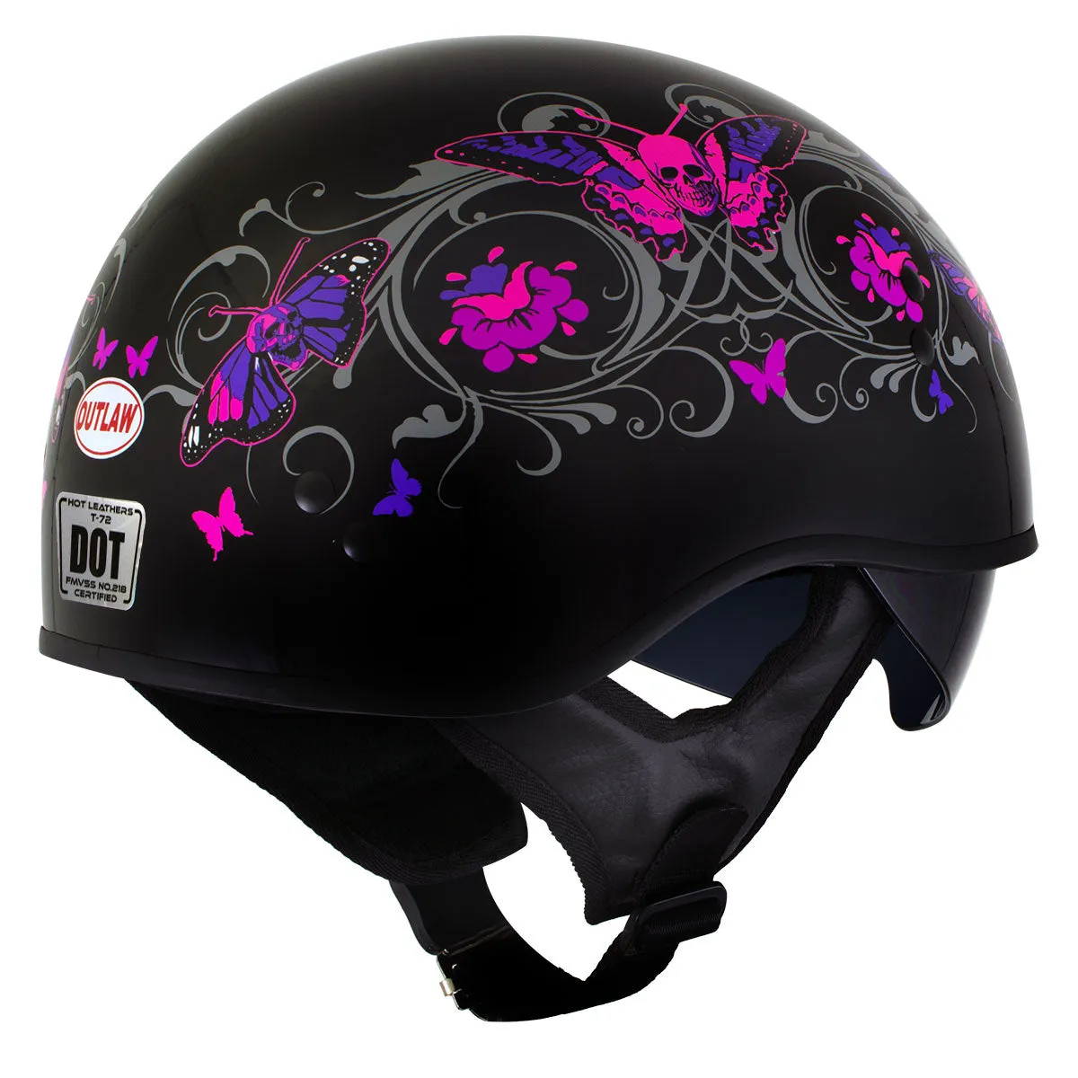 Outlaw T-72 'Flowers and Pink Skull Butterflies' Half DOT Helmet with Drop Down Tinted Visor